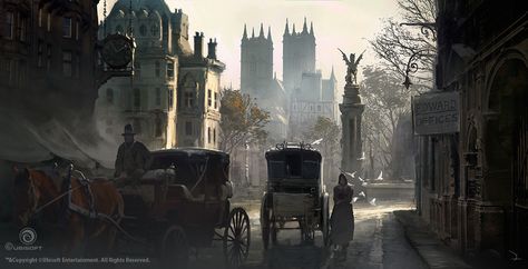 Assassin's Creed Syndicate Mood Artwork, Martin Deschambault on ArtStation at https://www.artstation.com/artwork/LaBzR Assassin's Creed Syndicate, Assassins Creed Syndicate, Fantasy Town, Fantasy City, Assassin’s Creed, Matte Painting, Environment Design, Fantasy Inspiration, Environment Concept Art