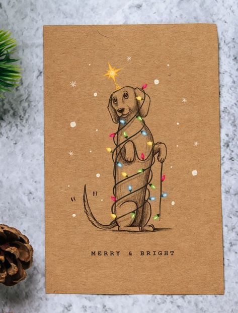 Dachshund Christmas Card | Merry and Bright A5 Christmas illustration #christmasillustration Christmas illustrations #christmasillustrations #christmas #illustration #illustrations Merry christmas #merrychristmas  3.370 Cute Dog Christmas Card, Sausage Dog Christmas Cards, Dog Christmas Card Illustration, Cute Animal Christmas Cards, Dog Christmas Art, Dachshund Drawing Easy, Christmas Cards 2024, Christmas 2033, Cute Christmas Cards Drawing