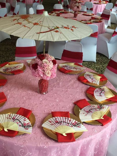 Chinese Birthday Party Ideas, Mulan Cherry Blossom, Asian Party Decorations, Chinese Theme Parties, Japanese Theme Parties, Asian Party Themes, Japan Party, Cherry Blossom Party, Chinese Birthday