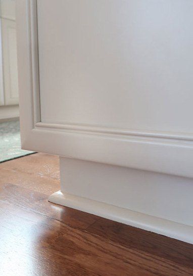 Kitchen Cabinets Chipped or Baseboards Peeling? Here's What to Do! Kitchen Baseboards Under Cabinets, Baseboard Under Kitchen Cabinets, Under Cabinet Trim Molding, Under Cabinet Baseboard, Kitchen Cabinet Baseboard, Cabinet Baseboard, Kitchen Baseboards, Kitchen Cabinets Trim, Tile Baseboard