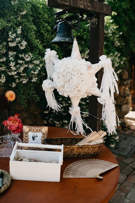 Mexican Wedding  - with a boho twist - Wedding Piñata instead of guestbook  - at Rancho Buena Vista Adobe Mexican Wedding Decorations, Talavera Wedding, Wedding Pinata, Mexican Theme Wedding, Mexican Inspired Wedding, Mexican Wedding Ideas, Mexican Themed Weddings, Hacienda Wedding, Fiesta Wedding