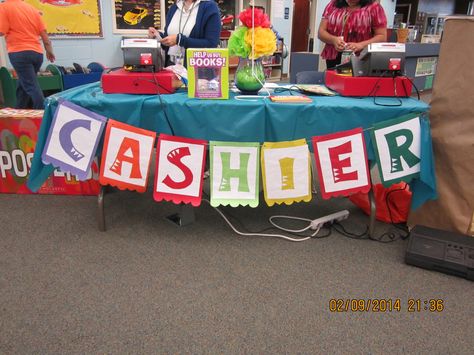 Scholastic Book Fair Fiesta 2014 Cashier's table.-made something similar but used "fiesta" scrapbook paper on the ends School Book Fair Theme, Scholastic Book Fair Themes, Book Fair Decorations, Bookfair Themes, Book Fair Themes, Book Fair Ideas, Book Fair Ideas Display, Cashier Table, Monster Letters