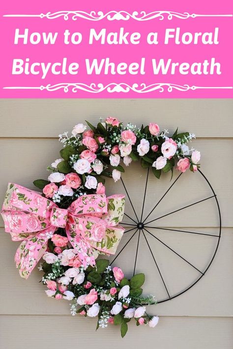 Dollar Tree Bicycle Wheel Wreath, Bicycle Wheel Wreath Diy, Wheel Wreath Ideas, Wreath Diy Dollar Tree, Ez Bow Maker, Bicycle Wheel Wreath, Wheel Crafts, Wheel Wreath, Diy Floral Wreath