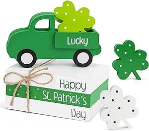 Saint Patricks Day Decorations, Patricks Day Decorations, Green Truck, St Patricks Crafts, Tray Coffee Table, Bookcase Decor, St Patrick's Day Decorations, Decorations For Home, Wooden Books