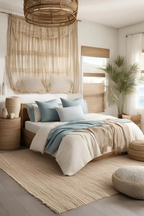 20 Coastal Boho Bedroom Ideas for A Tranquil Beachside! 10 Modern Beach House Bedroom, Resort Bedroom, Boho Beach Bedroom, Coastal Boho Bedroom, Tan Bedroom, Modern Coastal Bedroom, Cozy Guest Rooms, Bedroom Decorating Tips, Beachy Bedroom