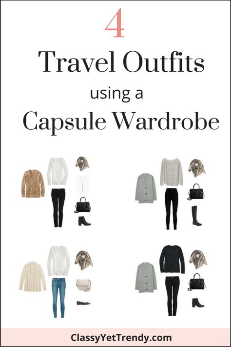 4 Travel Outfits Using A Capsule Wardrobe - easy outfit ideas to wear on vacation and on a car, train or airplane.  Comfortable pieces like a cardigan, leggings, jeggings, boots, flats and tee. Travel Capsule Wardrobe Fall, Weekend Capsule Wardrobe, Business Travel Outfits, Packing Wardrobe, Travel Outfit Plane, Classy Yet Trendy, Winter Travel Outfit, Travel Capsule Wardrobe, Travel Capsule