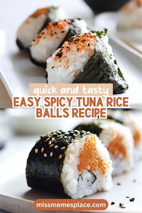 Spicy Tuna Onigiri, Tuna Rice Balls, Tuna Onigiri, Rice Balls Recipe, Sushi Balls, Onigiri Recipe, Sushi Grade Tuna, Tuna Rice, Spicy Tuna