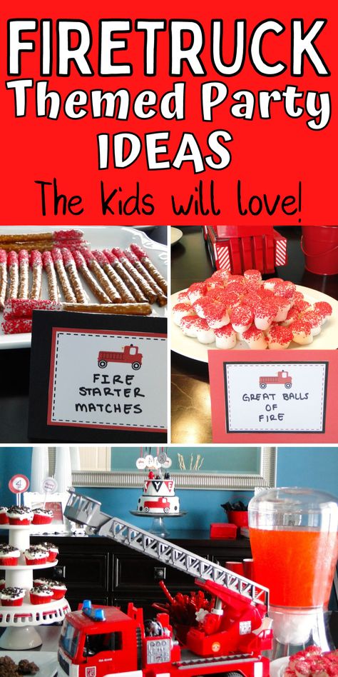 Firetruck Birthday Party Decor, Fire Theme Birthday Party, Firefighter Party Food Ideas, Fire Truck 1st Birthday Party Ideas, Fire Truck Birthday Party Ideas Food, Firemen Birthday Party Ideas, Fire Themed Party Food, Firefighter Birthday Party Food, Fireman First Birthday Party