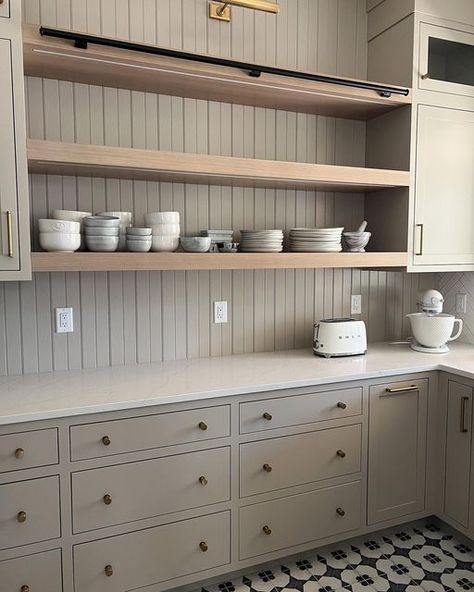 Taupe Pantry, Cottagecore Pantry Aesthetic, Open Shelves Pantry, In Wall Pantry, Wall Pantry Cabinets, Pantry Open Shelving, Moody Pantry, Small Butlers Pantry, Pantry Backsplash