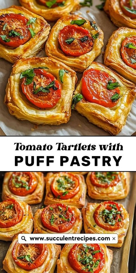 These Mini Tomato Tartlets with Puff Pastry are bite-sized bursts of savory goodness, featuring roasted tomatoes, melted cheese, and a golden crispy crust! Puff Pastry App, Puff Pastry Tartlets, Tomato Tartlets, Tomato Tart Puff Pastry, Easy Tomato Tart, Puff Pastry Recipes Appetizers, Puff Pastry Snacks, Puff Pastry Recipes Savory, Savory Puff Pastry