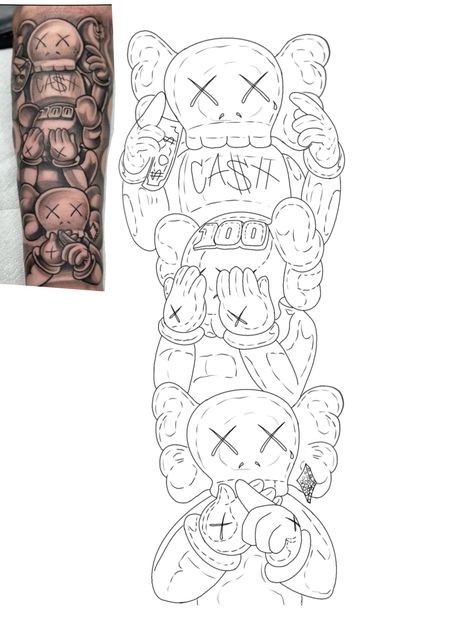 Cartoon Character Tattoo Stencil, Men Tattoo Sleeve Stencil, Hear No Evil See No Evil Tattoo Boondocks, Negative Shade Tattoos, Miami Inspired Tattoos, Sleeve Tattoo Stencils For Women, Kaws Tattoo Ideas Stencil, Arm Tattoos Stencil, Fear None Tattoo Stencil