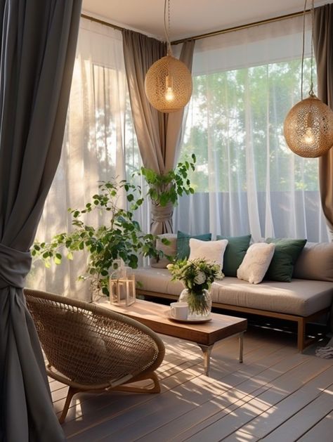 Outdoor Curtains For Balcony, Apartment Balcony With Curtains, Balcony Bedroom Ideas, Curtains On Balcony, Balcony Curtains Apartment, Balcony With Curtains, Garden Curtains, Curtains Patio, Balcony Curtains