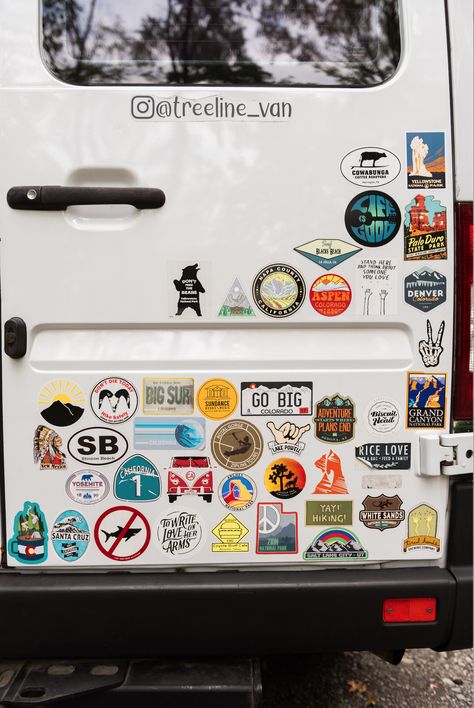 Bumper stickers of places the van visited Granola Bumper Stickers, Bumper Stickers Aesthetic, Bumper Sticker Aesthetic, Cool Bumper Stickers, Van Stickers, Car Sticker Ideas, Adventure Car, Jeep Jeep, Learning To Drive