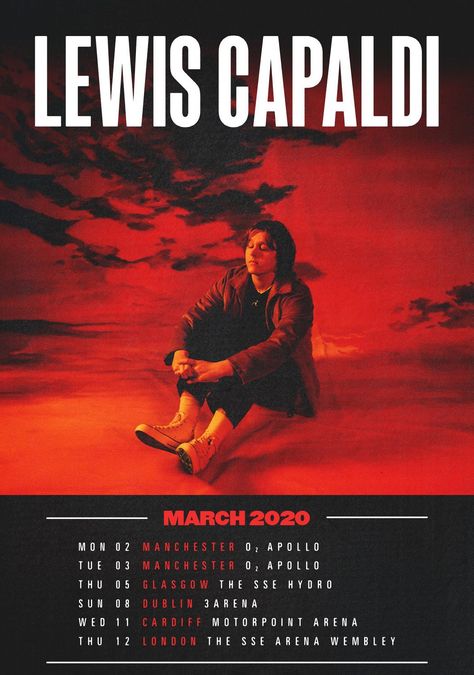 Concert Poster Design, Uk Tour, O2 Arena, Tour Poster, Lewis Capaldi, Song Of The Year, Tour Posters, Calamari, Music Design