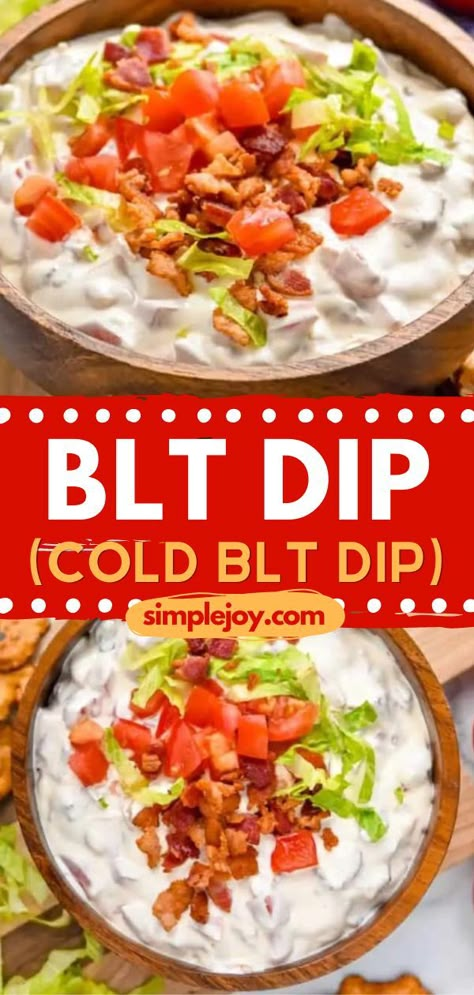 If you're looking for a crowd-pleasing appetizer, try this best blt recipe! This dip recipe with sour cream comes together with just four ingredients! It is the perfect game-day food! Save this pin for later! Best Football Dip Ever, Dip Appetizers Cold, Easy Blt Dip, Dip Mas Party, Appetizer Recipes No Cheese, Cold Cream Cheese Dip, Hot Dips Crockpot, Dips And Appetizers Crockpot, Homemade Dips Recipes