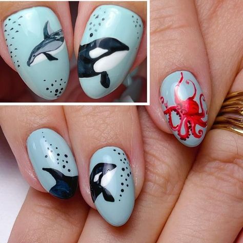 Luna Wenjuan Qi on Instagram: "My clients always have the best ideas!🤭 #oceannails for @mariahgalaviz Inspiration art by @dasbrooklyn 3h soft gel + art #oceanlifenails #octopusnails #orcanails #jellyfishnails #seacreaturenails #oceanlife #seacreatures #nailart" Sea Creature Nail Art, Dolphin Nails Designs, Kraken Nails, Sea Creature Nails, Octopus Nail Art, Octopus Nails, Dolphin Nails, Spirit Fingers, Pretty Fingers