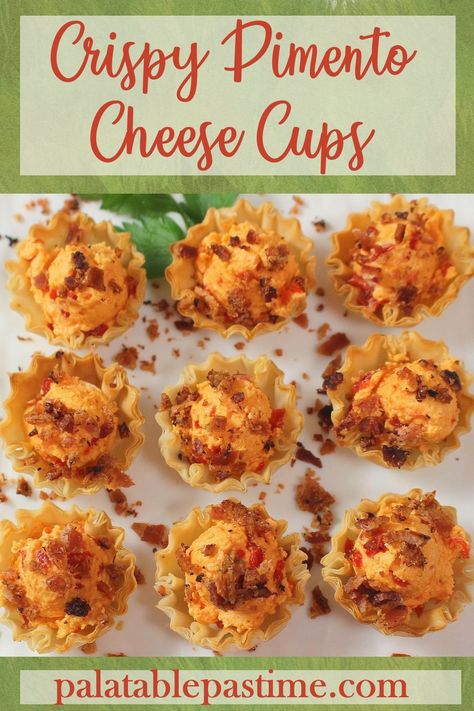 Crispy Pimento Cheese Cups are crunchy  baked phyllo shells filled  with a bite of homemade pimento cheese and bacon. Pimento Cheese And Bacon Mini Cheeseball Bites, Pimento Cheese Cups, Pimento Cheese Philo Cups, Pimento Cheese Bites Recipe, Pimento Cheese Phyllo Cups, Pimento Cheese Puff Pastry, Pimento Cheese Straws, Siljans Croustades Crispy Shells Recipes, Pimento Cheese Bites