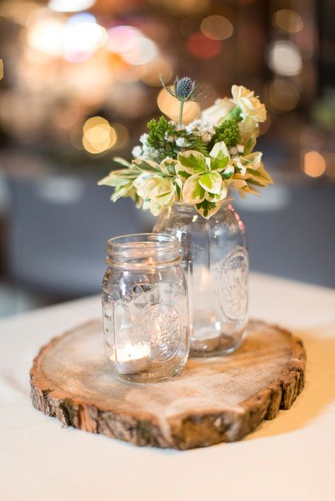 Mason Jar and Tree Slice Centerpiece Wood Disk Centerpieces, Tree Slices Centerpieces, Natural Centerpieces, Wood Slice Centerpiece, Paulownia Tree, Tree Stump Decor, Wooden Cupcake Stands, Wood Slice Centerpieces, Large Wood Slices