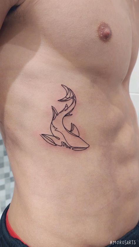 Back Of Arm Shark Tattoo, Shark One Line Tattoo, Unique Shark Tattoo, Shark And Stingray Tattoo, Animal Silhouette Tattoo, Minecraft Tattoo Ideas, Line Shark Tattoo, Fine Line Shark Tattoo, Coastal Tattoos