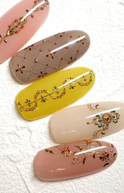 Ornate Nail Designs, Arabic Nail Art, Desi Nail Art, Peranakan Nails, Bridgerton Themed Nails, Indian Inspired Nails, Rococo Nail Art, Baroque Nail Art, Teacup Nails