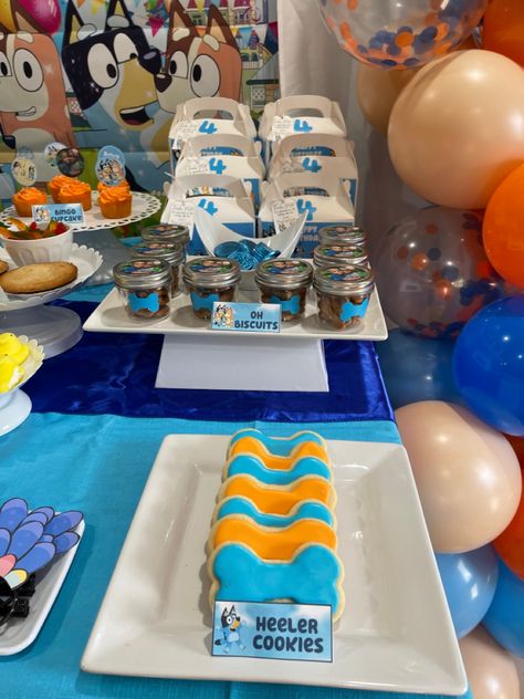 Pull Apart Bluey Cake, Bluey Theme Dessert Table, Bluey Party Dessert Table, Bluey Theme Rice Krispies, Bluey Party Desserts, Bluey Themed Treats, Bluey Birthday Party Treats, Bluey Themed Drinks, Bluey Party Treats