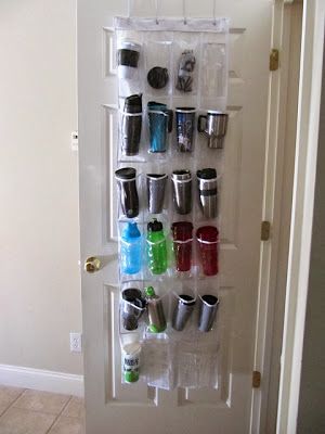 perfect way to organize all those hot/cold cups and water bottles with their lids in place. Storing Coffee Mugs, Travel Mug Storage, Storing Tumblers In Kitchen, Organizing Coffee Mugs, Vertical Coffee Mug Storage, Aluminum Wall Panel, Stainless Steel Hood, Clutter Organization, Stainless Steel Cleaning