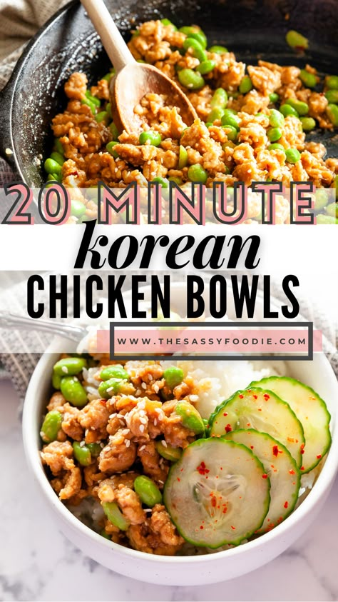 Chicken Edamame Rice Bowl, Ground Chicken Power Bowl, Korean Ground Chicken Bowl, Edamame Chicken Bowl, Chicken Edamame Bowl, Ground Chicken Teriyaki Bowl, Chicken And Edamame Recipes, Ground Chicken Asian Recipes, Ground Chicken Bowls Healthy