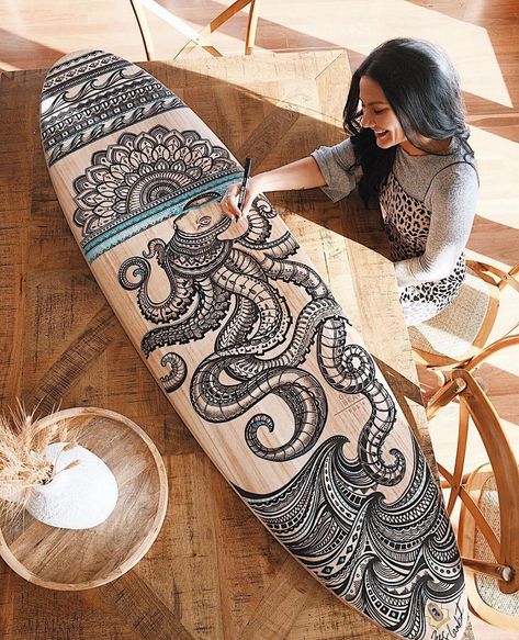 Jess Lambert, Octopus Drawings, Surfboard Paint, Surfboards Artwork, Surfboard Art Design, Surfboard Painting, Alana Blanchard, Mavericks Surfing, Wooden Surfboard