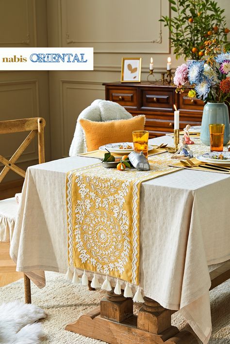 The boho table runner is designed with a textured, Chic handmade fringe design and a Simple embroidery pattern that is perfectly blended together. These table runners bring a beautiful look to your table, creating a relaxed feel in the room. This embroidery textured table runner is made of high-quality fabric, easy to clean, and stain resistant. Fall Decor Cozy, Runner For Table, Yellow Table Runner, Boho Table Runner, Rustic Farmhouse Table, Dining Room Centerpiece, White Runners, Farmhouse Table Runners, Yellow Embroidery