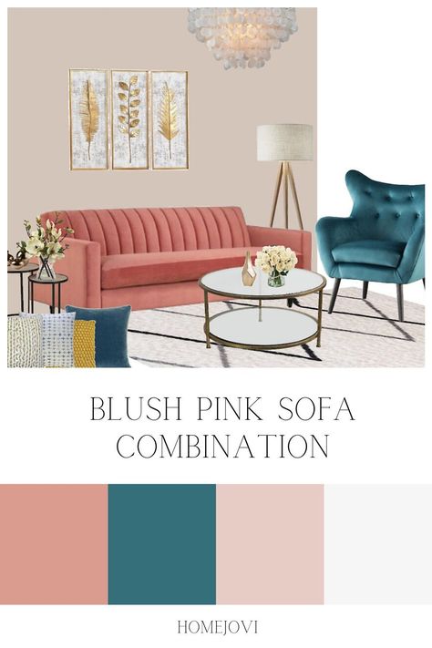 Teal And Pink Sofa, Pink And Teal Office Decor, Blush Pink And Teal Living Room, Blush Pink And Blue Living Room, Living Room Designs Pink Sofa, Blush Sofa Living Room Ideas, Pink Teal Living Room, Teal Yellow Pink Living Room, Blush Pink Couch Living Room Ideas