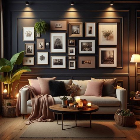 Dark Living Room Dark Panelled Walls Living Room, Dark Color Couch Living Room, Dark Colors Living Room, Light Couch Dark Walls, Dark And Moody Movie Room Beige Sofa, Small Cosy Snug Room Ideas, Dark Moody Media Room, Dark Moody Living Room Wallpaper, Dark Brown Moody Living Room