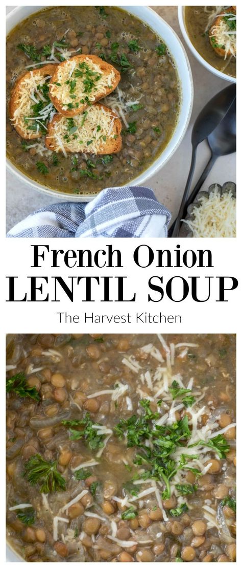 French onion soup meets lentil soup with this delicious vegetarian French Lentil Soup recipe. This is the best lentil soup that combines all the flavors of French onion soup together with lentils for a more substantially filling and protein rich soup. Lentil Soup Crockpot, Detox Soup Recipes, French Lentil Soup, Lentils Instant Pot, Vegetarian French Onion Soup, Best Lentil Soup, Best Lentil Soup Recipe, Lentil Recipes Easy, Soup Recipes Chicken