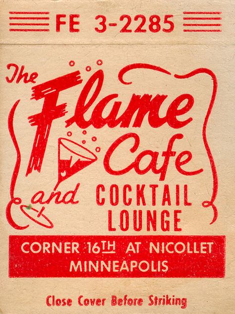 Flame Cafe matchbook cover via jericl cat on Flickr Matchbook Design, Vintage Matchbook Art, Vintage Graphic, Vintage Matches, Vintage Bar Menu Design, Retro Hotel Sign, Vintage Matchbook Design, Vintage Matchbooks, Bar Matchbook