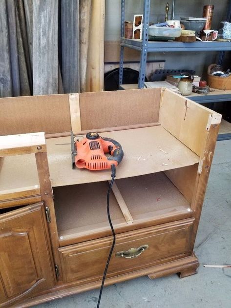 Dresser Bench Repurposed, Dresser To Bench Makeover, Dresser Bench Seat, Dresser Turned Into Bench, Dresser To Bench Diy, Dresser To Bench, Bench Upcycle, Repurpose Dresser, Pantry Redo