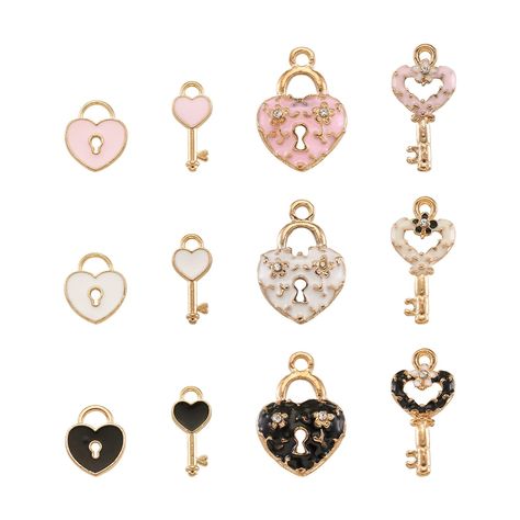 PRICES MAY VARY. Package Include: 30 sets/60pcs heart lock & key charms in 2 styles and 3 colors. The size of small set is: key-16x7x2.5mm, hole:1.8mm, lock-13x10.5~11x1~1.5mm; the size of rhinestone set is: key-23x11x4mm, hole: 2mm, lock-22x15x4.5mm, hole: 2mm. Top Material: Each charm is made of solid alloy, light gold plated and decorate with white, pink and black enamel, full of hawaii style. The pendant is also inlaid with rhinestones, which not only makes the whole jewelry more eye-catchin Heart Lock And Key, Valentines Bracelets, Key Charms, Tiny Charm, Heart Lock, Heart Key, Love Shape, Heart And Key, Jewelry Making Charms