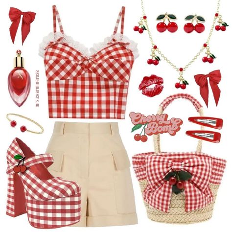 Strawberry Theme Outfit, Cherry Core Outfits, 80s Summer Outfits Vintage, Cherries Outfit, Cherry Outfit Ideas, Cherry Inspired Outfit, Cherry Clothes, Lovecore Fashion, Cottagecore Outfit Ideas