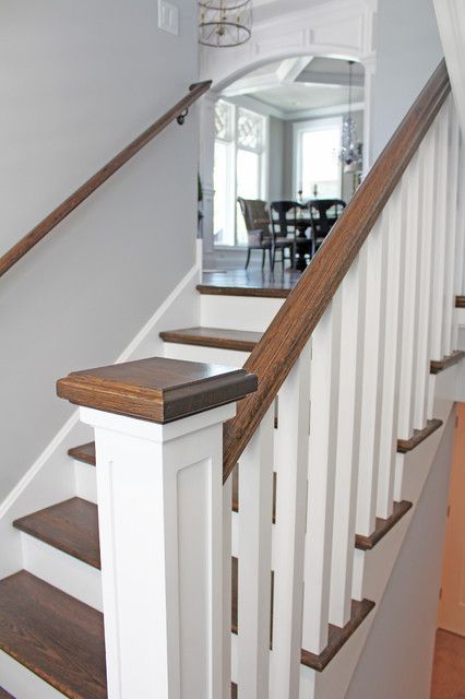 Farmhouse Newel Detail - Farmhouse - Staircase - Chicago - by Meyer Design | Houzz Farmhouse Newel Post, Craftsman Railings For Stairs, Farmhouse Bannisters, Updated Bannister Ideas, Farmhouse Stair Railing Ideas, Newel Posts For Stairs, Banisters And Railings, Staircase Update, Staircase Banister Ideas