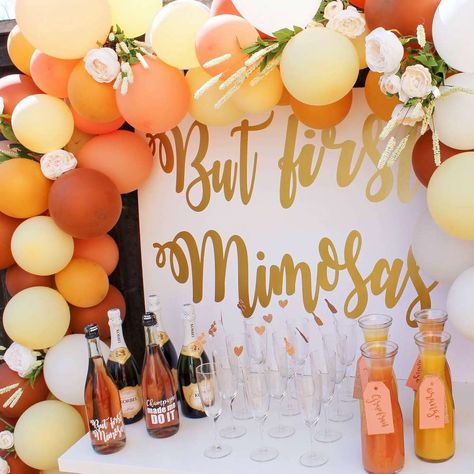 But first, mimosas Bridal/Wedding Shower Party Ideas | Photo 1 of 12 Tequila Bridal Shower Ideas, Mimosas Party Ideas, Mimosa Station, Bridal Brunch Ideas Bridesmaid Luncheon Mimosa Bar, Mimosa Bar Wedding Mornings, Champagne Brunch Bridal Shower Ideas Mimosa Bar, Wedding Shower Brunch Decorations, Champagne Bar Bridal Shower Mimosas, Mimosa Brunch Bridal Shower Invitations