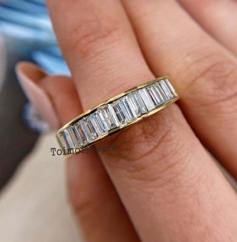 Baguette Wedding Band 14K Yellow Gold Channel Set Baguette Diamond Wedding Engagement Stacking Ring Anniversary Gift Half Eternity Ring Her Channel Set Wedding Band, Baguette Wedding Band, Emerald Cut Rings, Mohs Scale, Ring Stack, 30th Birthday Gifts, Half Eternity Ring, Channel Set, Baguette Diamond