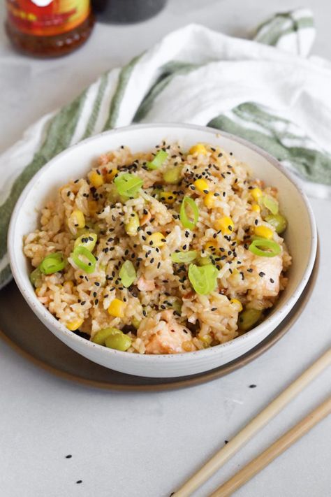 Salmon Rice Bowls (Rice Cooker Recipe) 35 Grams Of Protein, Chicken Pesto Pasta Salad, Shelled Edamame, Dried Ginger, Multi Cooker Recipes, Salmon Rice Bowl, Chili Crisp, Salmon Rice, Edamame Salad