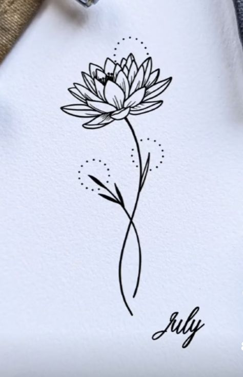 July Birth Flower Drawing, Water Lily And Chrysanthemum Tattoo, Water Lily Name Tattoo, July Birth Flower Tattoo Fine Line, July And April Flower Tattoo, July Birth Month Tattoo, July Flowers Tattoo, Waterlilly Tattoo Arm, Dainty Water Lily Tattoo