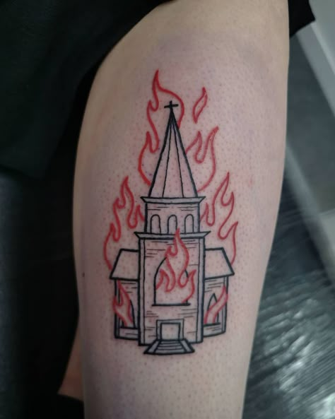 Church Tattoo, Burning Church, Traditional Tattoo Stencils, Girls Tattoos, 10 Tattoo, Fire Tattoo, Home Tattoo, Next Tattoo, Desenho Tattoo