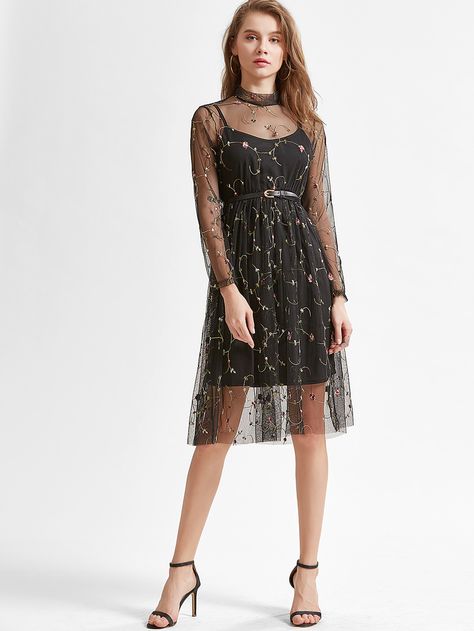 Shop Black Flower Embroidered Mesh Overlay Dress online. SheIn offers Black Flower Embroidered Mesh Overlay Dress & more to fit your fashionable needs. Overlay Dress Pattern, Mesh Overlay Dress Black, Black Lace Overlay Dress, Dresses Dinner, Black Flower Dress, Long Sleeve Embroidered Dress, Net Embroidery, Mesh Overlay Dress, Dresses By Pattern