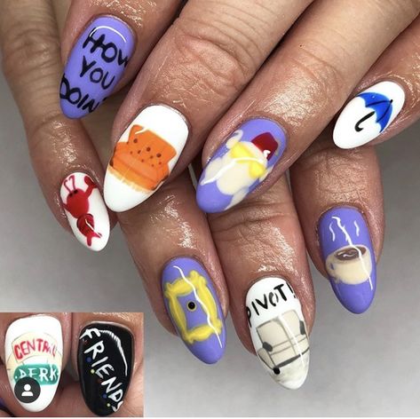 Friends Theme Nail Art, Tv Show Inspired Nails, Tv Show Nails, Friends Themed Nails, Friends Nail Art, Friends Nails Tv Show, Friends Nails, Nyc Nails, Girls Nail Designs