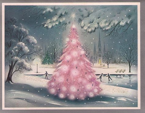 Christmas card 1960s Christmas Tree Glitter, Vintage Pink Christmas, Christmas Card Images, A Pink Christmas, Digital Christmas Cards, Pink Xmas, Holiday Clipart, Pink Holiday, Pink Trees