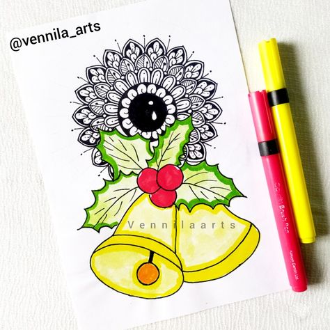 Christmas Mandala Art Christmas Mandala Drawing, Christmas Bell Drawing, Christmas Doodle Art, Christmas Mandala Art, Christmas Bells Drawing, Bell Drawing, Colourful Mandala Art, Mandala Practice, Mandala Art For Beginners