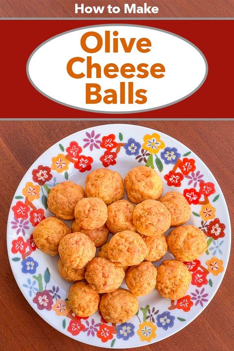 Pinterest image: photo of olive cheese balls with caption reading "How to Make Olive Cheese Balls" Olive Cheese Balls Appetizers, Olive Puffs Recipe, Olive Cheese Puffs, Olive Balls Appetizers, Cheese Olive Balls, Olive Cheese Ball Recipes, Olive Cheese Balls, Green Olive Cheese Ball, Olive Balls Recipe