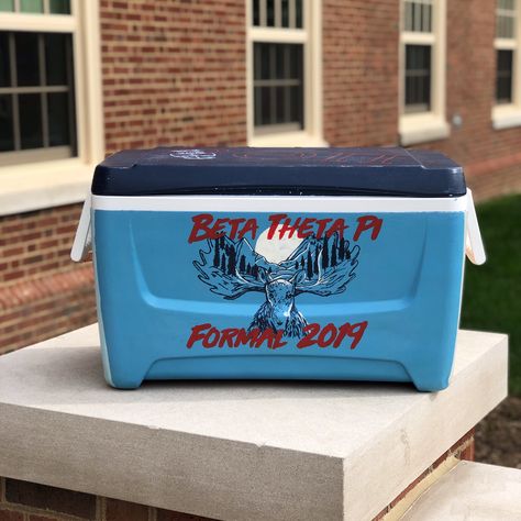 Cleveland, America, and Beta Theta Pi themed. First one I've done, so it's not perfect but I'm pretty happy with how it turned out. Theta Chi Formal Cooler, Pi Kapp Frat Cooler, Beta Theta Pi Cooler, Beta Cooler, Oklahoma Flag, Tke Fraternity Coolers, Beta Theta Pi, Formal Cooler Ideas, Formal Cooler