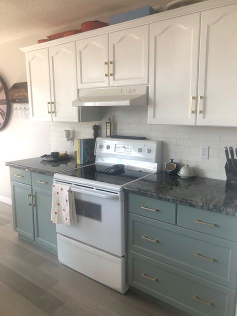 Two Tone Farmhouse Kitchen Cabinets, Small Two Toned Kitchen, Two Tone Cabinets Green, Painted Kitchen Cabinets Two Tone, Gray And Teal Kitchen, Bm Rushing River, Greenish Blue Kitchen Cabinets, Small Kitchen Ideas Paint Wall Colors White Cabinets, Kitchen Cabinets 2 Colors