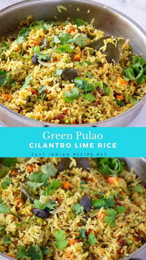 Cilantro, lime, and curry leaves are ground into a paste before cooking it in fragrant basmati rice. This is what makes this a green pulao. A simple and easy recipe that gets done in less than 30 minutes Green Rice, Lemon Rice, Yellow Rice, Cilantro Lime Rice, Lime Yellow, Cilantro Lime, Basmati Rice, Curry Leaves, Eat Well